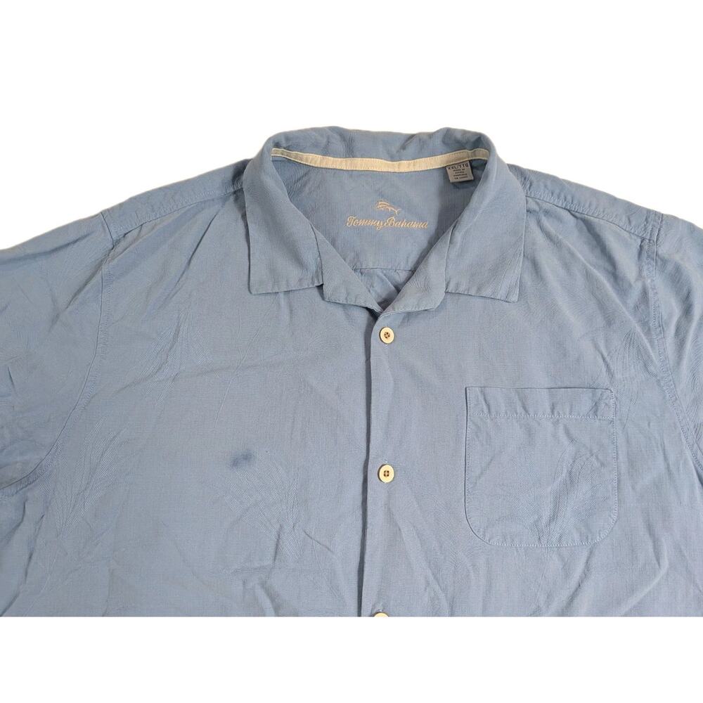 Tommy Bahama Weekend Tropics Shirt Blue Mens Size XXL 100% Silk Hawaiian FLAW